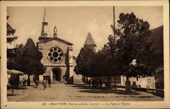 Postcard Beauvezer Alpes de Haute Provence, church, square, trees, summer resort, architecture