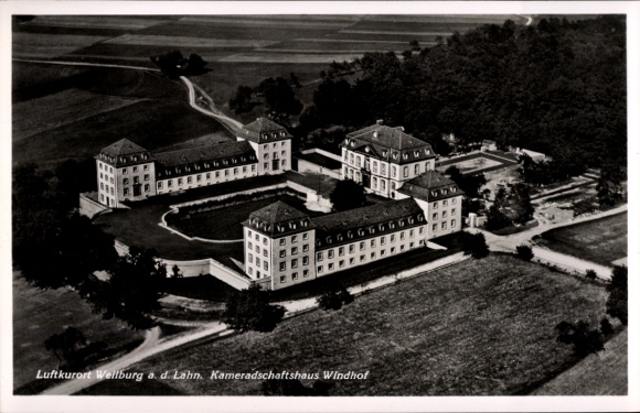 Postcard Weilburg an der Lahn Hesse, climatic health resort Weilburg, Kameradschaftshaus Windhof, aerial photograph