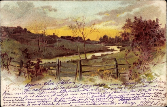 Chromo-Litho The Evening, landscape motif, allegory