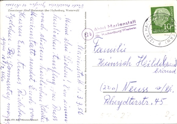 KP wiejski stempel pocztowy Opactwo Marienstatt przez Hachenburg/Westerw.