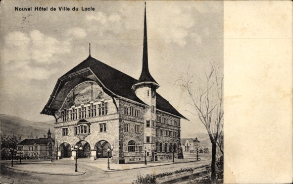 Ak Le Locle Kt Neuenburg , Zeichnung des Nouvel Hôtel de Ville, charakteristisches Gebäude