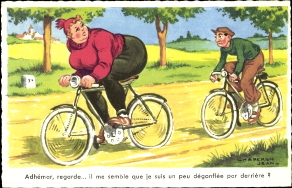 Artist Postcard Chaperon, J., People riding bicycles, plump woman, bicycles