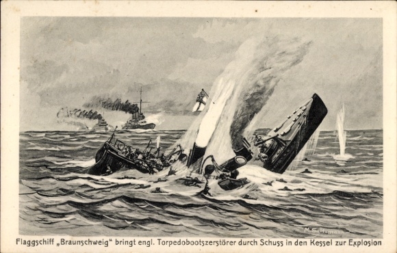 Artist Postcard Flagship Braunschweig, English torpedo boat destroyer