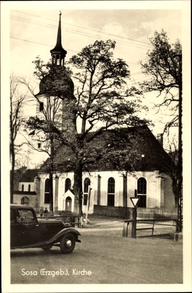 Postcard Sosa Eibenstock in the Ore Mountains, church, automobile