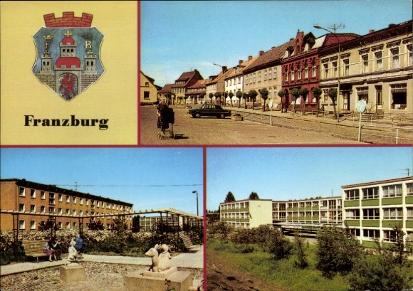 Postcard Franzburg in Western Pomerania, city view, Ernst-Thälmann-Straße, Peace Square, residential buildings