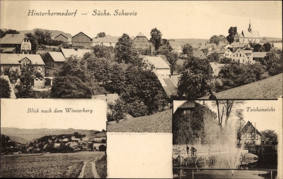 PC Hinterhermsdorf Sebnitz, view of the Winterberg, view of the pond, panorama of the village