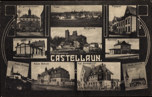 Postcard Kastellaun im Hunsrück, castle ruins, post office, mayor&#39;s office, church, district court, school