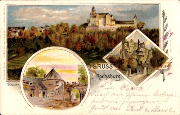 Kunstenaar litho Dutzauer, M., Rochsburg Lunzenau in Saksen, zicht op het kasteel