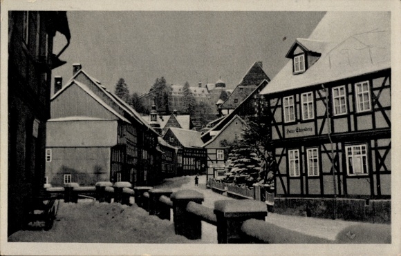 Postcard Stolberg in the Harz Mountains, old houses, snow-covered street, winter scene, nostalgic atmosphere
