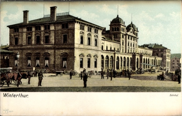 Postcard Winterthur Canton of Zurich, part at the train station