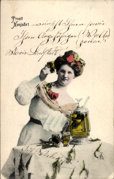 Ak Glückwunsch Neujahr, Frau mit Punschglas