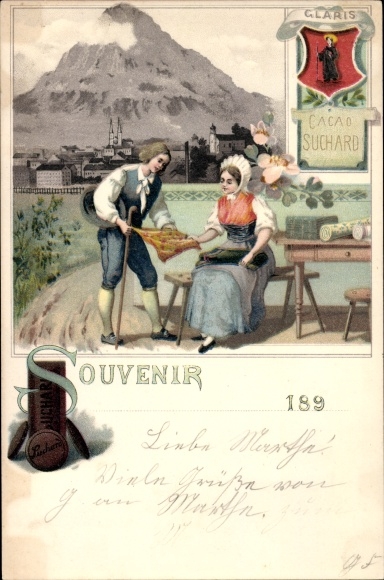 lito Glarus, Vue de la Ville, Cacao Suchard, kobieta i mężczyzna w tradycyjnych strojach, reklama