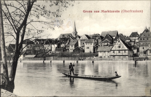 Ak Marktzeuln in Oberfranken, Blick auf den Ort, Mann im Kahn
