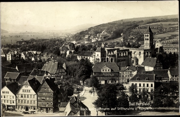 Postcard Bad Hersfeld in Hesse, monastery ruins and spa gardens seen from the church tower