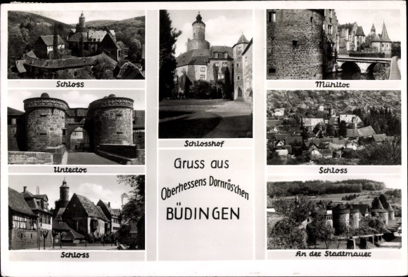 Postcard Büdingen in Hesse, courtyard, city wall, lower gate, mill gate