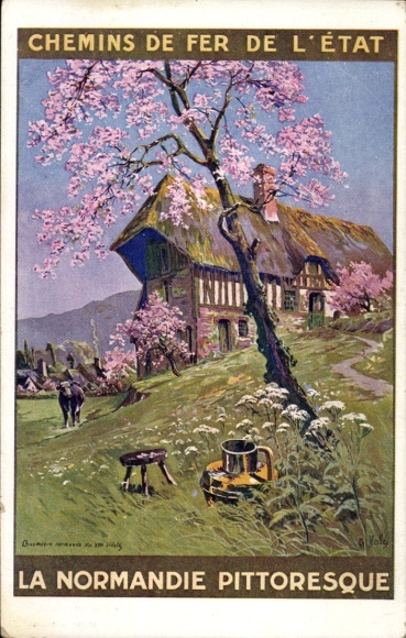 Artist PC Chemins de Fer de l'Etat, La Normandie Pittoresque, vache, arbre, maison