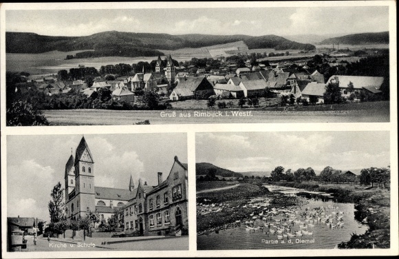 PC Rimbeck Warburg in Westphalia, Diemelpartie, church, school, view of the town