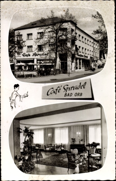 Postcard Bad Orb in the Main Kinzig district of Hesse, interior and exterior view of the Sprudel café