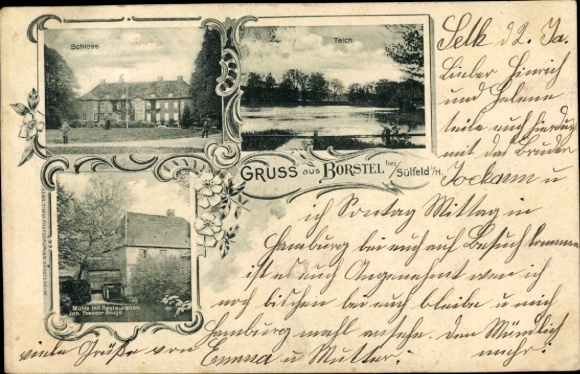 Postcard Borstel Sülfeld in Schleswig Holstein, castle, pond, mill