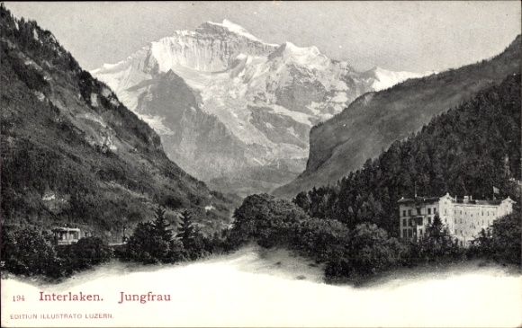 KP Interlaken Kanton Berno Szwajcaria, krajobraz górski, Jungfrau, czarno-biały,