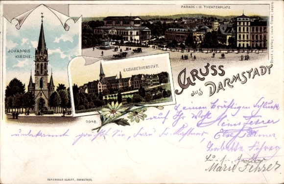 Chromo-Litho Darmstadt Hesse, Elisabethenstift, Theaterplatz, St. John's Church