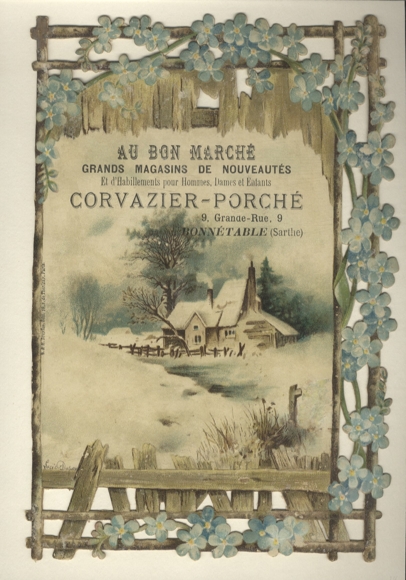 Wafer advertising "Au Bon Marché", house in winter landscape, blue flowers, size approx. 28 x 19 cm