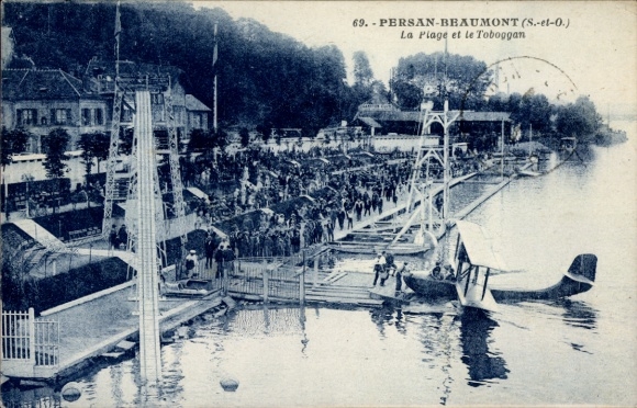 Postcard Persan Beaumont Val-d'Oise, beach, toboggan, seaplane