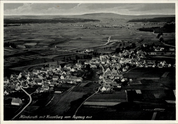 Postcard Mönchsroth in Middle Franconia, aerial view of Hesselberg visible, landscape, village view