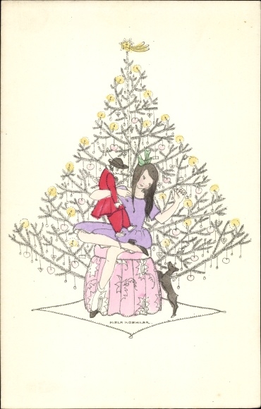 Artist PC Köhler, Mela, Merry Christmas, Christmas tree, girl with doll, dog