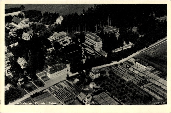Postcard Bad Wörishofen in Unterallgäu, aerial photograph, Kurhotel Eichwald, surrounding landscape, Archit