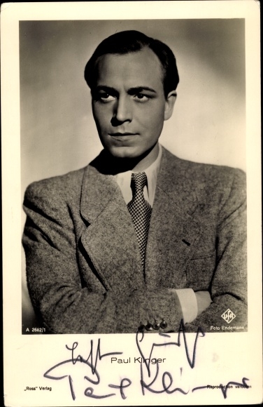 Postcard actor Paul Klinger, portrait in suit, Ross Verlag A 2662 1, Ufa Film, autograph