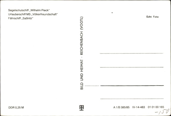 Ak zeilopleidingsschip Wilhelm Pieck, vakantieschip GTMS Fritz Heckert, veerboot Sassnitz