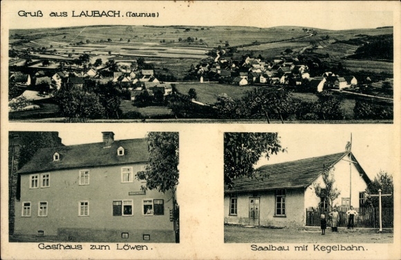 Postcard Laubach in Hesse, general view, Gasthaus zum Löwen, hall building, bowling alley