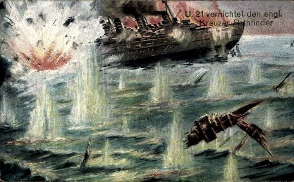 Postcard Battlefield, U21 destroys the English cruiser Pathfinder