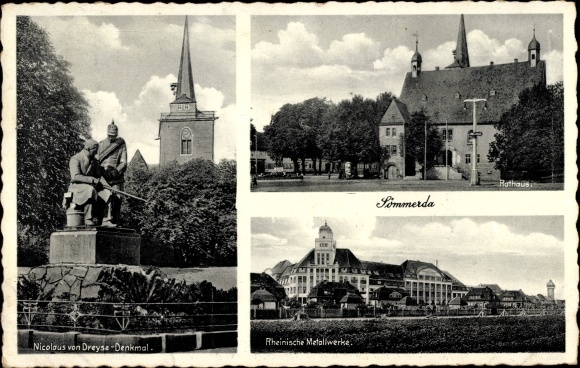 Postcard Sömmerda in Thuringia, town hall, Nicolaus von Dreyse monument, Rheinische Metallwerke