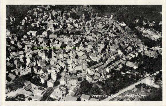 Postcard Oberursel in Taunus Hessen, aerial view of many houses, green marking, church visible