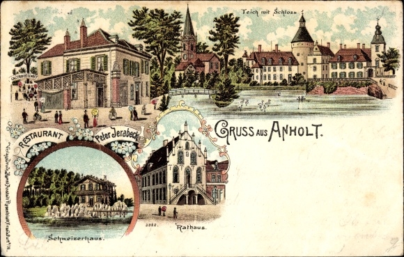 Litho Anholt Isselburg in Westfalen, Restaurant, Schweizerhaus, Schloss, Rathaus