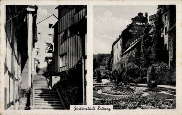 Postcard Kettwig Essen in the Ruhr area, church steps, Landsberg Castle Ratingen
