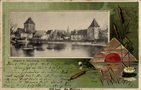 Passepartout-ansichtkaart in reliëf Altdorf bij Neurenberg in Midden-Franken Beieren, stadsgezicht vanaf de vijver
