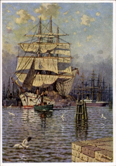 Kunstenaarskaart Bahndorf, B., zeilschip in de haven, zeilend opleidingsschip, marine