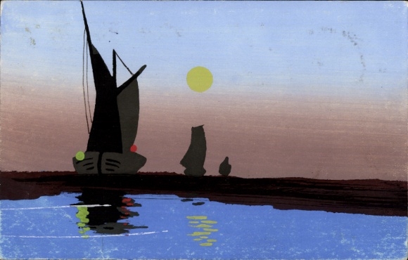 Hand-painted Postcard Lake at night, sailboats