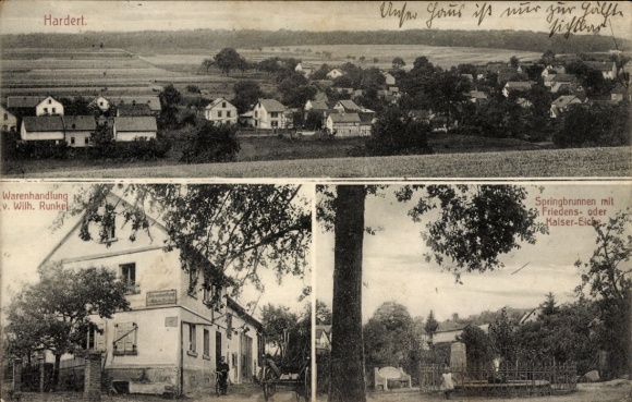 Postcard Hardert in the Westerwald, general store, fountain, peace oak, imperial oak