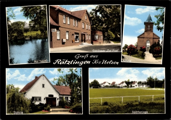 Postcard Rätzlingen in the Lüneburg Heath, church, post office, school, pond