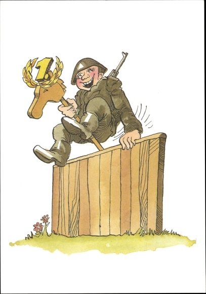 Artist Postcard Muzeniek, Peter, NVA, soldier on hobby horse jumps over obstacles, winner's wreath