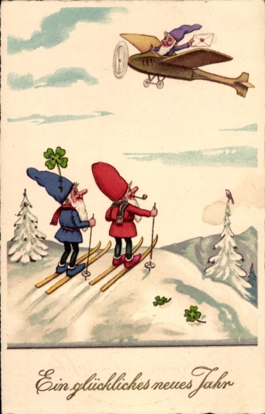 Artist Postcard Baumgarten, Fritz, Happy New Year, dwarves on skis and in an airplane, clover leaves