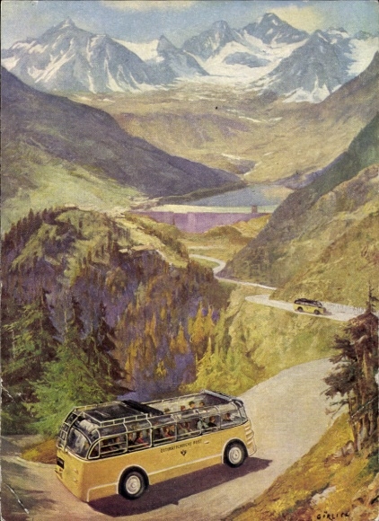Kunstenaar Ak Görlich, Met de postbus over de Silvretta Hochalpenstraße, Oostenrijkse Post