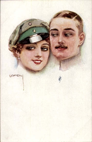 Künstler Ak Usabal, Luis, Portrait eines Paars, Mann, Frau mit Uniformmütze
