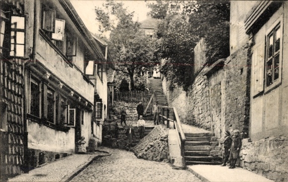 Postcard Blankenburg am Harz, street with stairs, building, people, two children