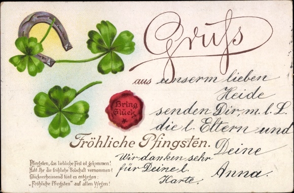 PC congratulations Pentecost, shamrocks, horseshoe