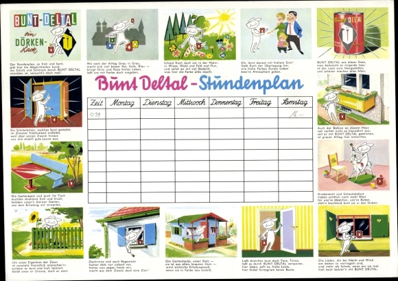 Timetable advertising Bunt Deltal, Dörken Lack, colors, craftsmen around 1960